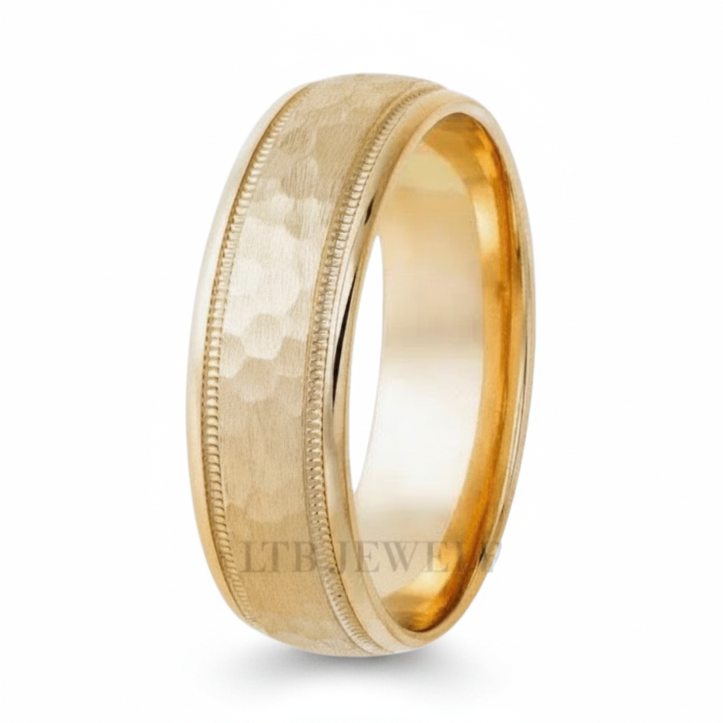 6mm 10K 14K 18K Yellow Gold Hammered Finish Mens Wedding Bands