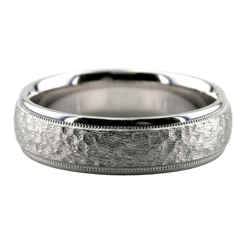 14K White Gold Hammered Finish Mens Wedding Bands