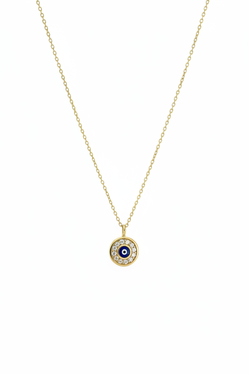 14K Solid Yellow Gold Round Evil Eye Necklace