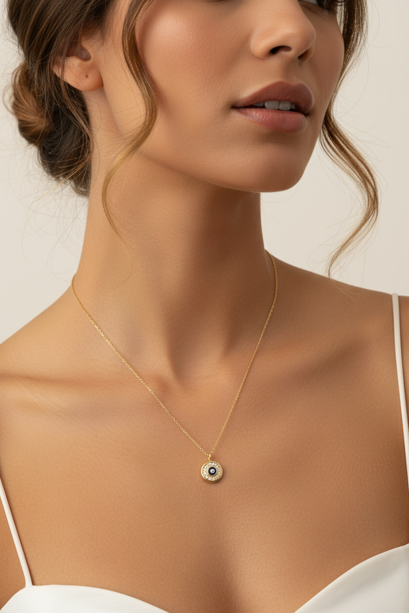 14K Solid Yellow Gold Round Evil Eye Necklace