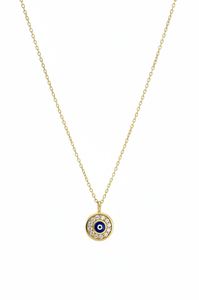 14K Solid Yellow Gold Round Evil Eye Necklace