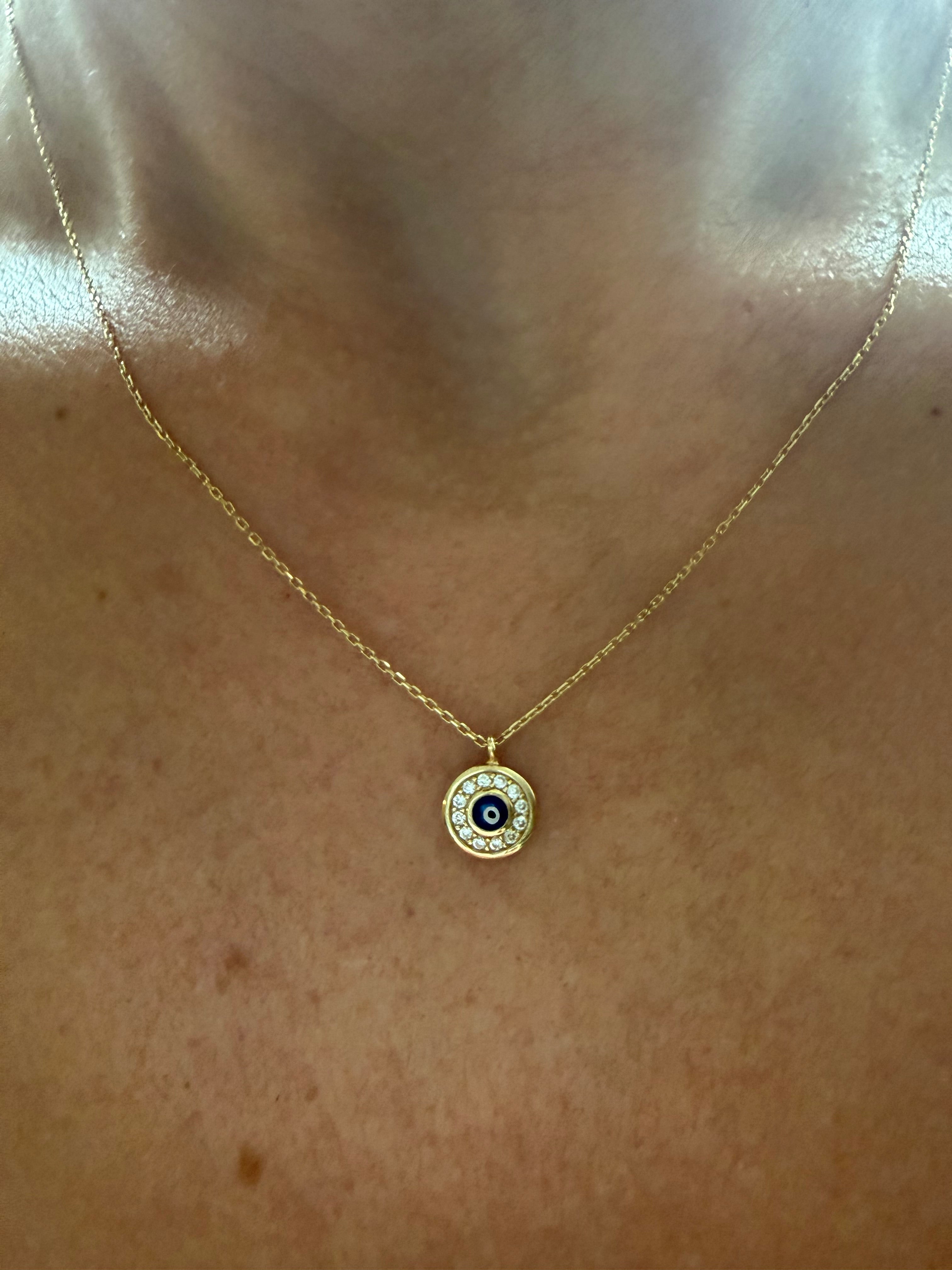 14K Solid Yellow Gold Round Evil Eye Necklace