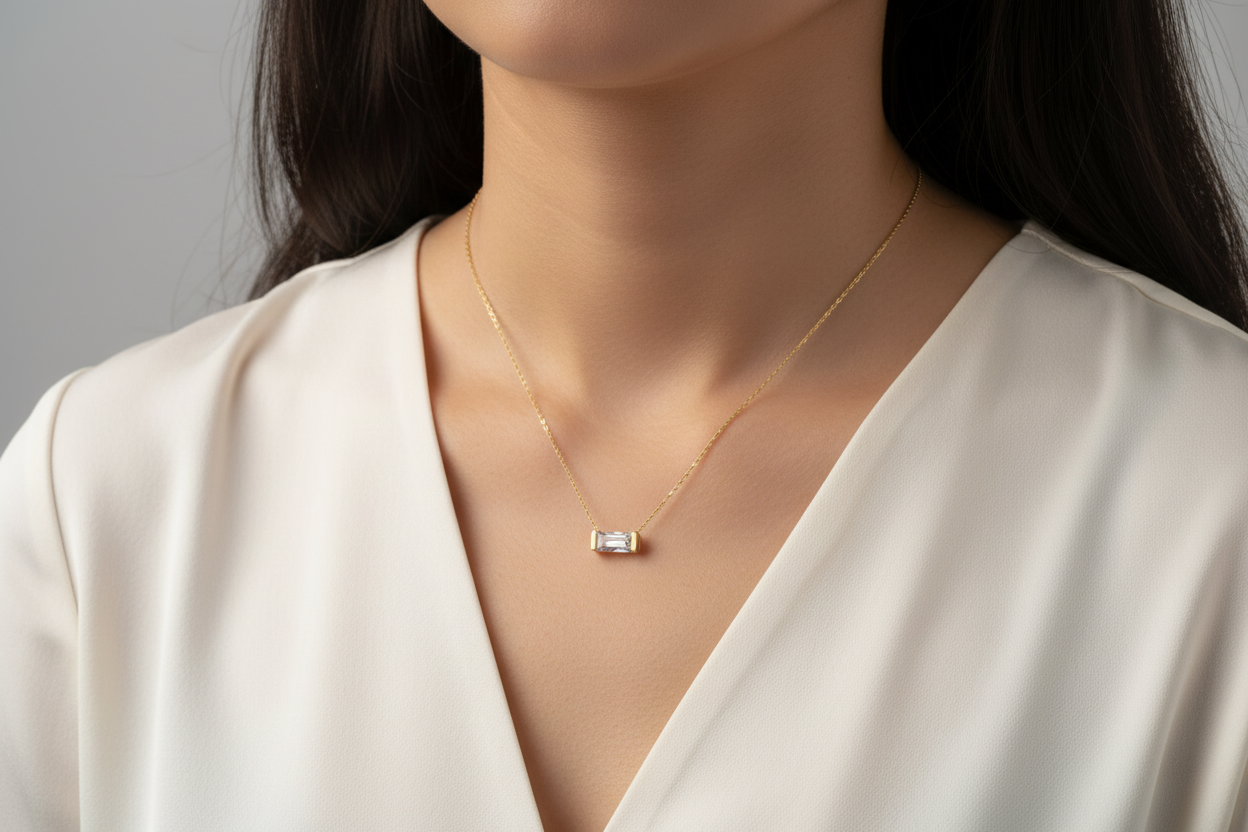 14K Yellow Gold Baguette Solitaire Necklace
