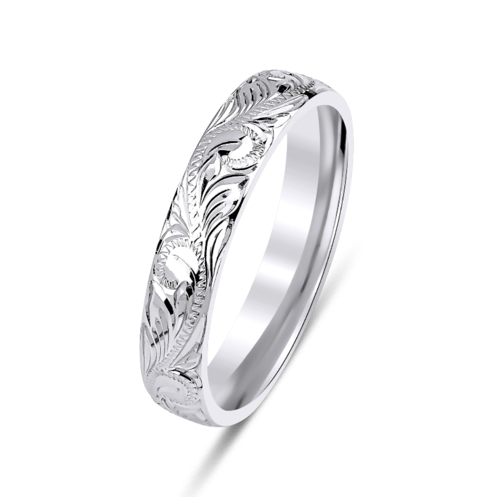 4mm 10K 14K 18K White Gold Hand Engraved Wedding Bands