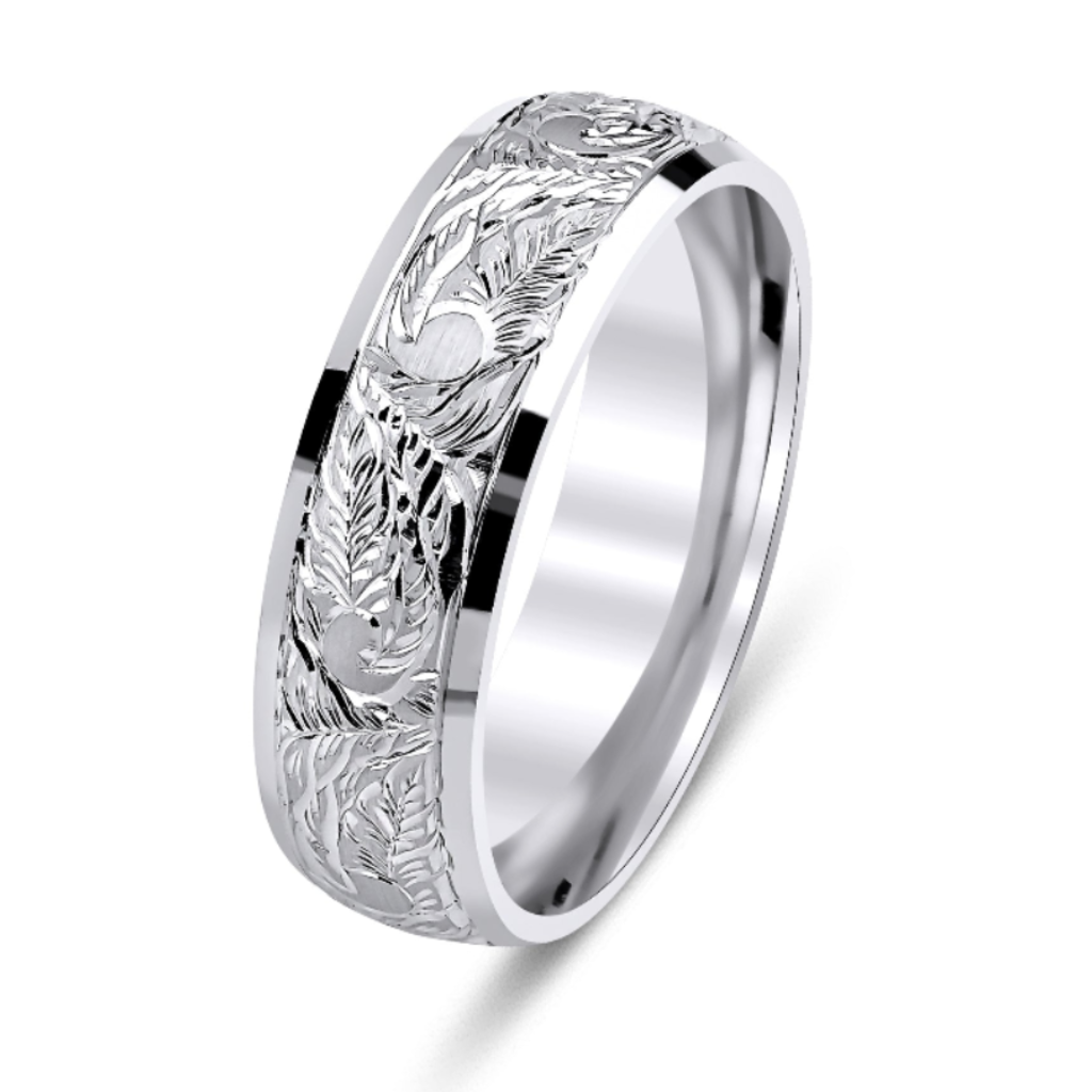 14K White Gold Hand Engraved Wedding Bands