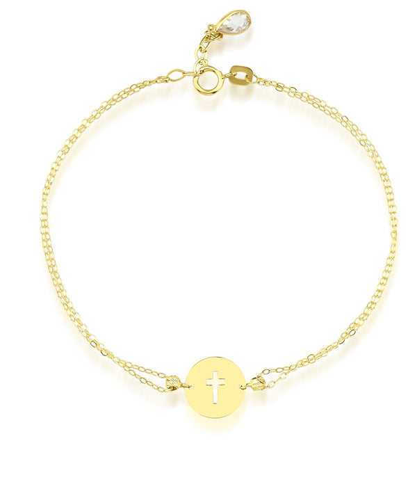 14K Solid Yellow Gold Small Round Disk Cross Bracelet