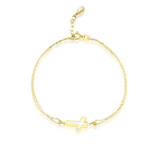 14K Solid Yellow Gold 3D Small Cross Station Bracelet