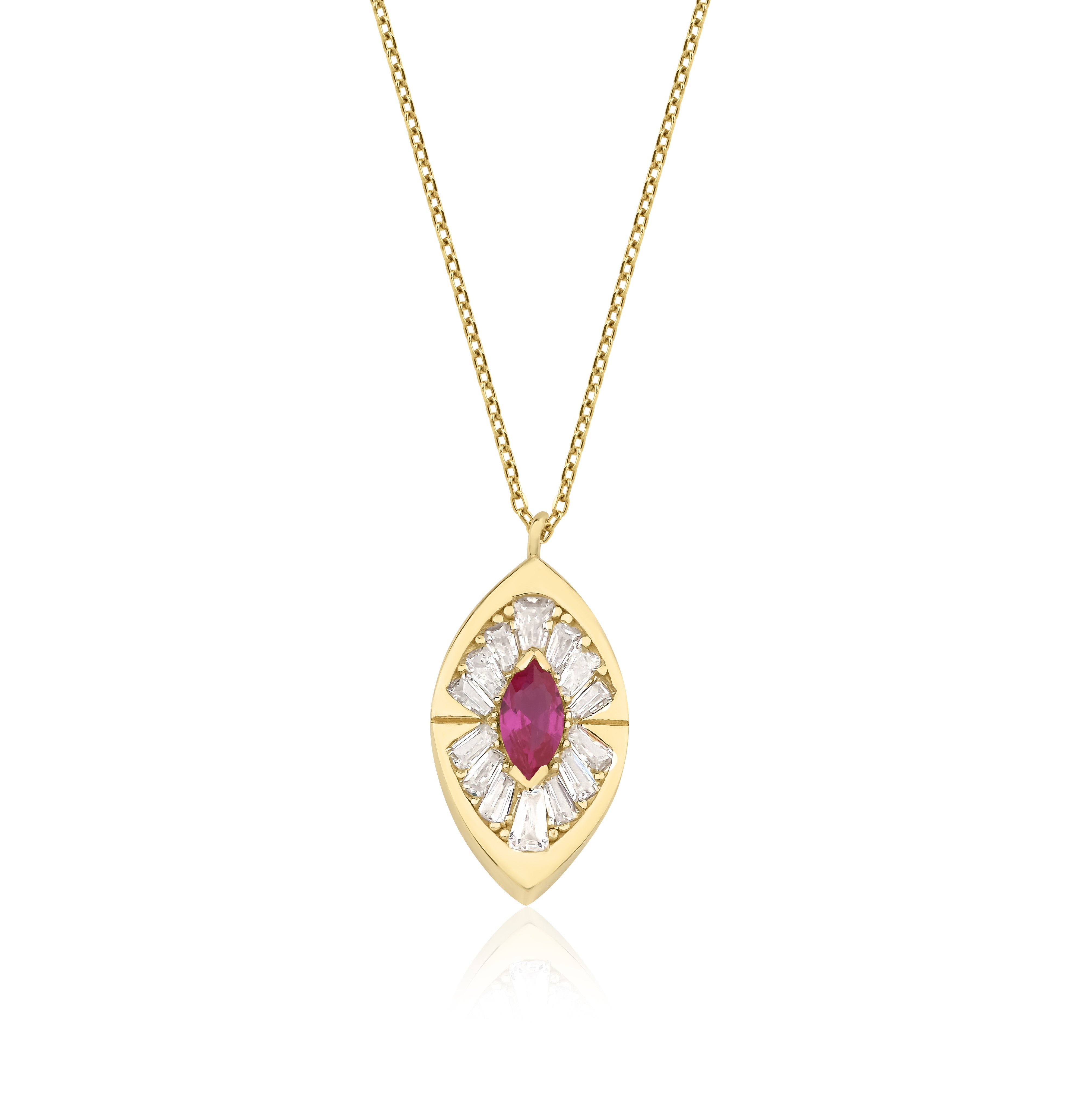 14K solid yellow gold marquise ruby necklace with CZ stones, delicate and modern design for everyday elegance.