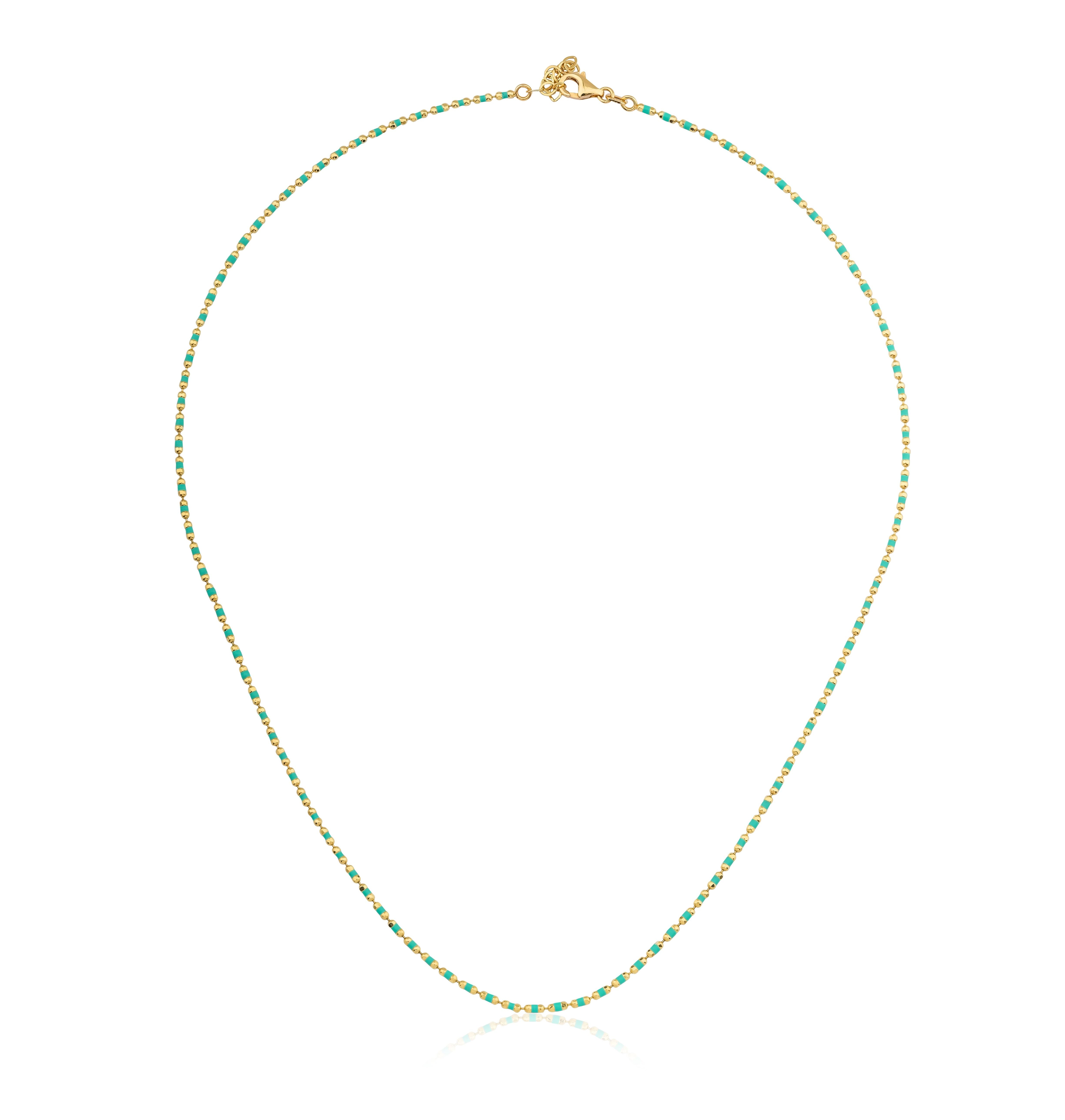 14K solid yellow gold green enamel beaded necklace, 17.5 inches long, stylish and minimalist design, perfect for everyday wear.