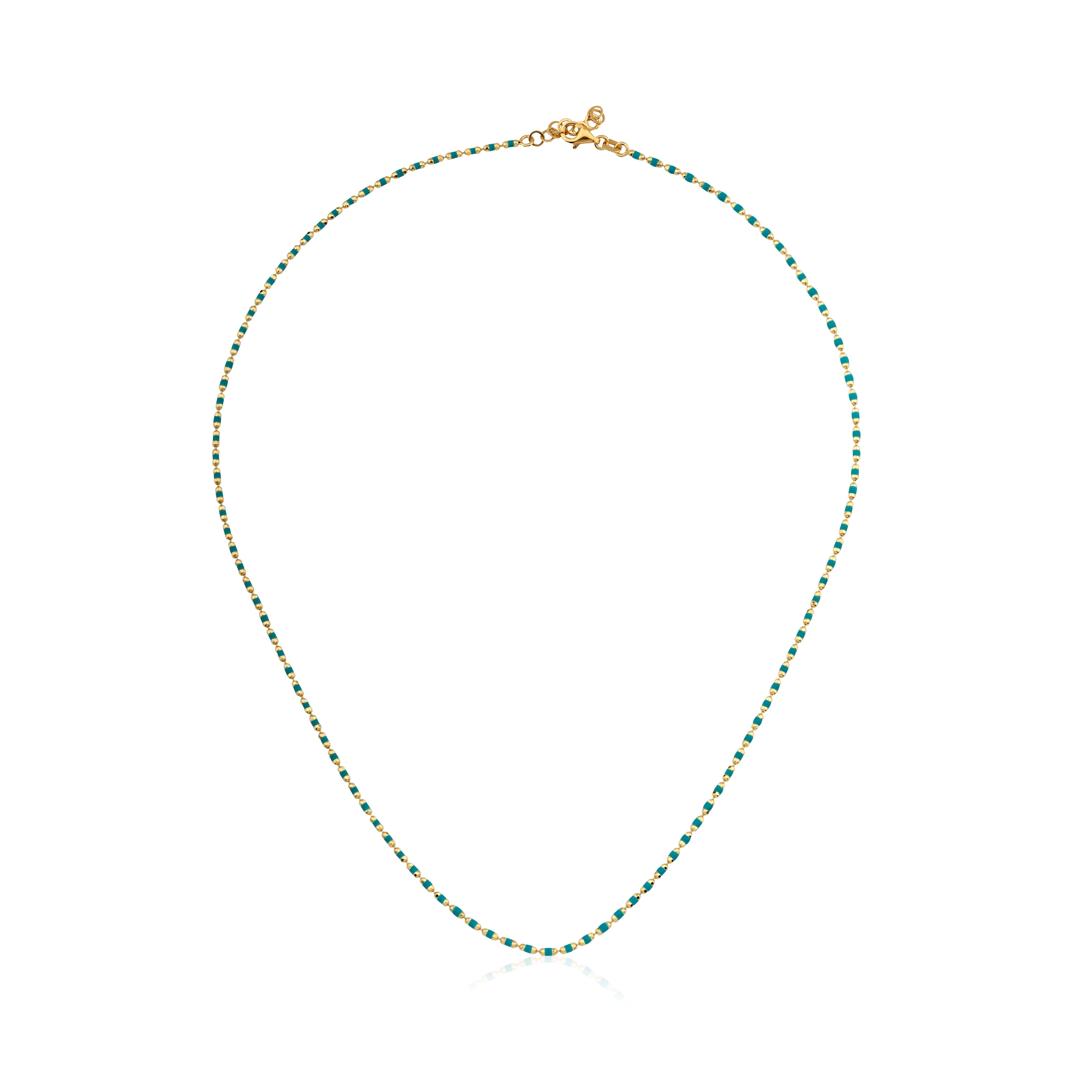 14K Solid Yellow Gold Blue Enamel Beaded Necklace, delicate minimalist design, perfect for everyday use.