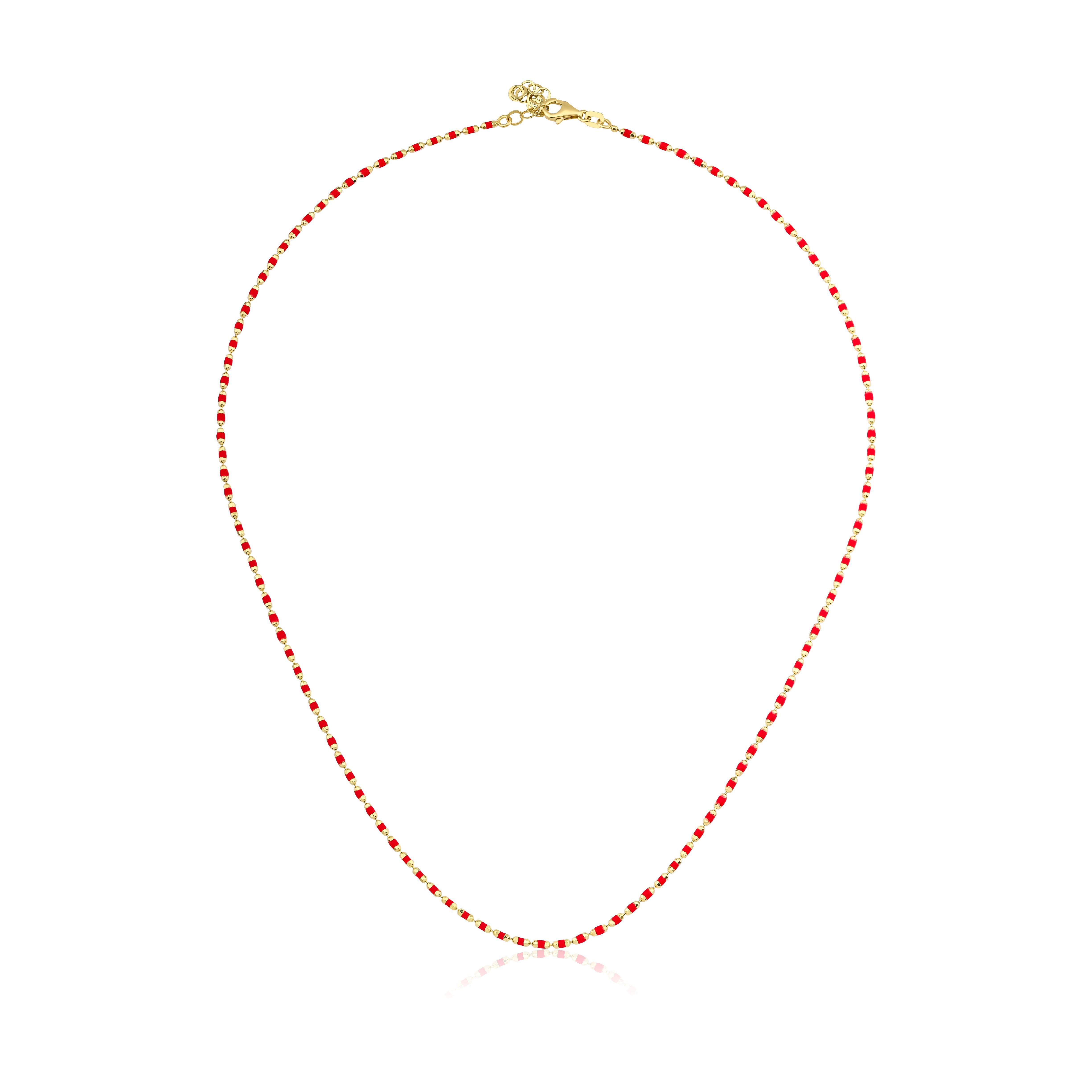 Dainty 14K solid yellow gold necklace with red enamel beads, 17.5 inches long, classy and minimalist design.