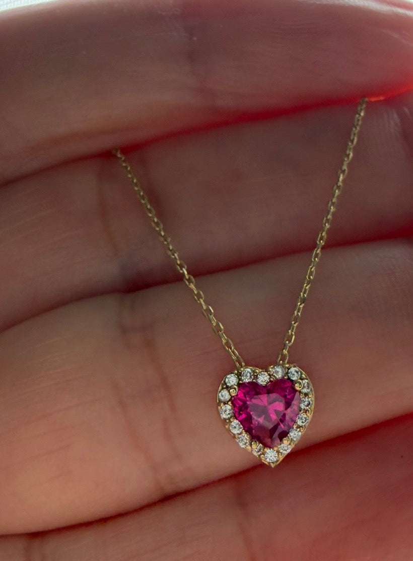 14K Yellow Gold Heart Shape Diamond CZ Ruby Necklace - view 2