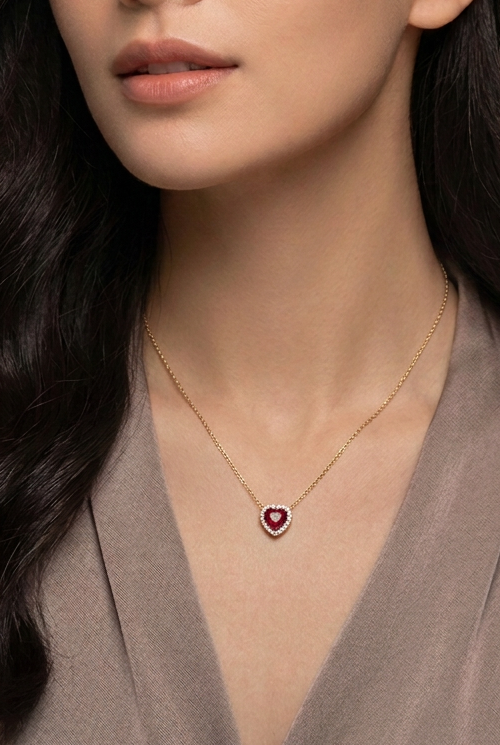 14K Yellow Gold Heart Shape Diamond CZ Ruby Necklace - view 3