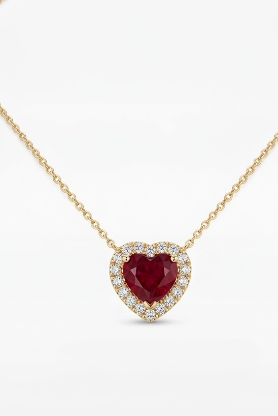 14K Yellow Gold Heart Shape Diamond CZ Ruby Necklace