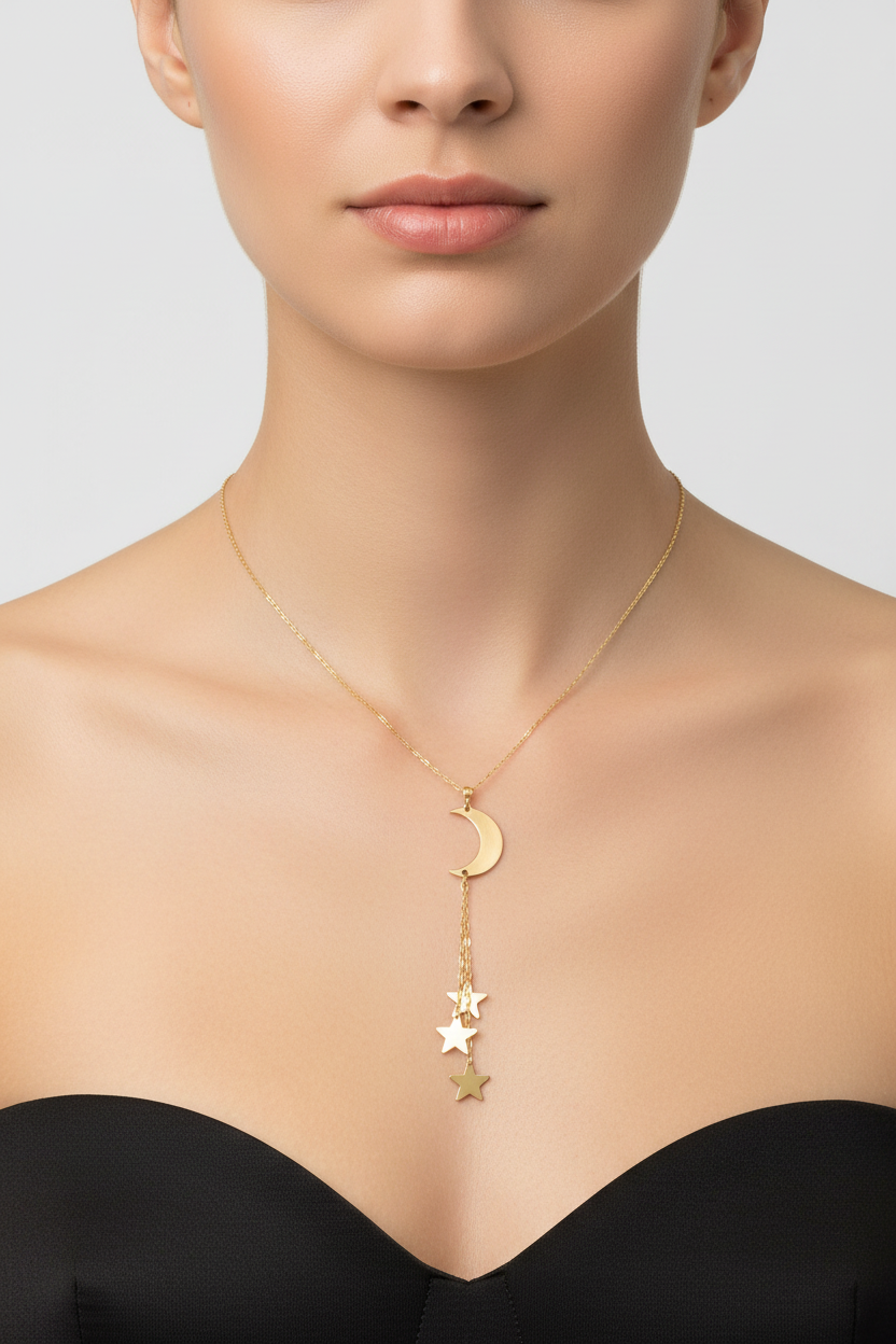 14K Solid Yellow Gold Dainty Star and Moon Crescent Necklace