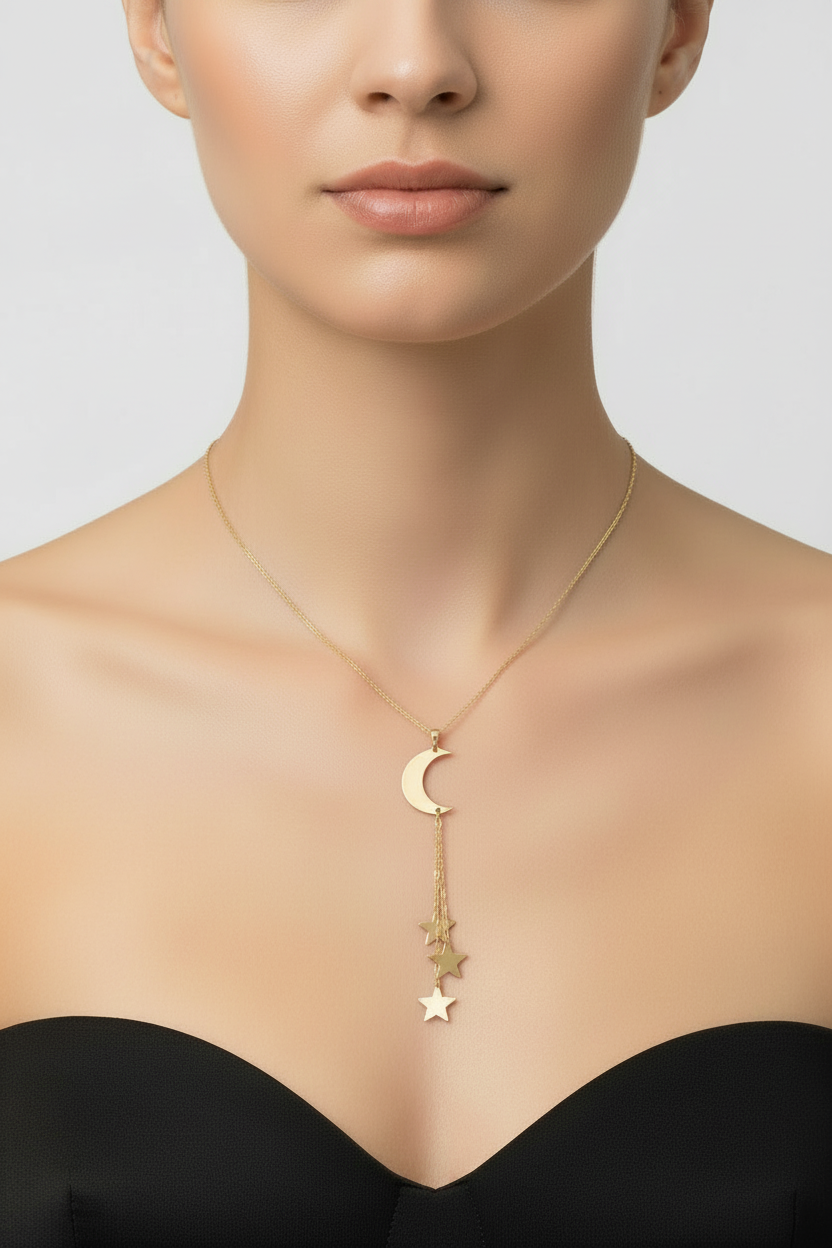 14K Solid Yellow Gold Dainty Star and Moon Crescent Necklace