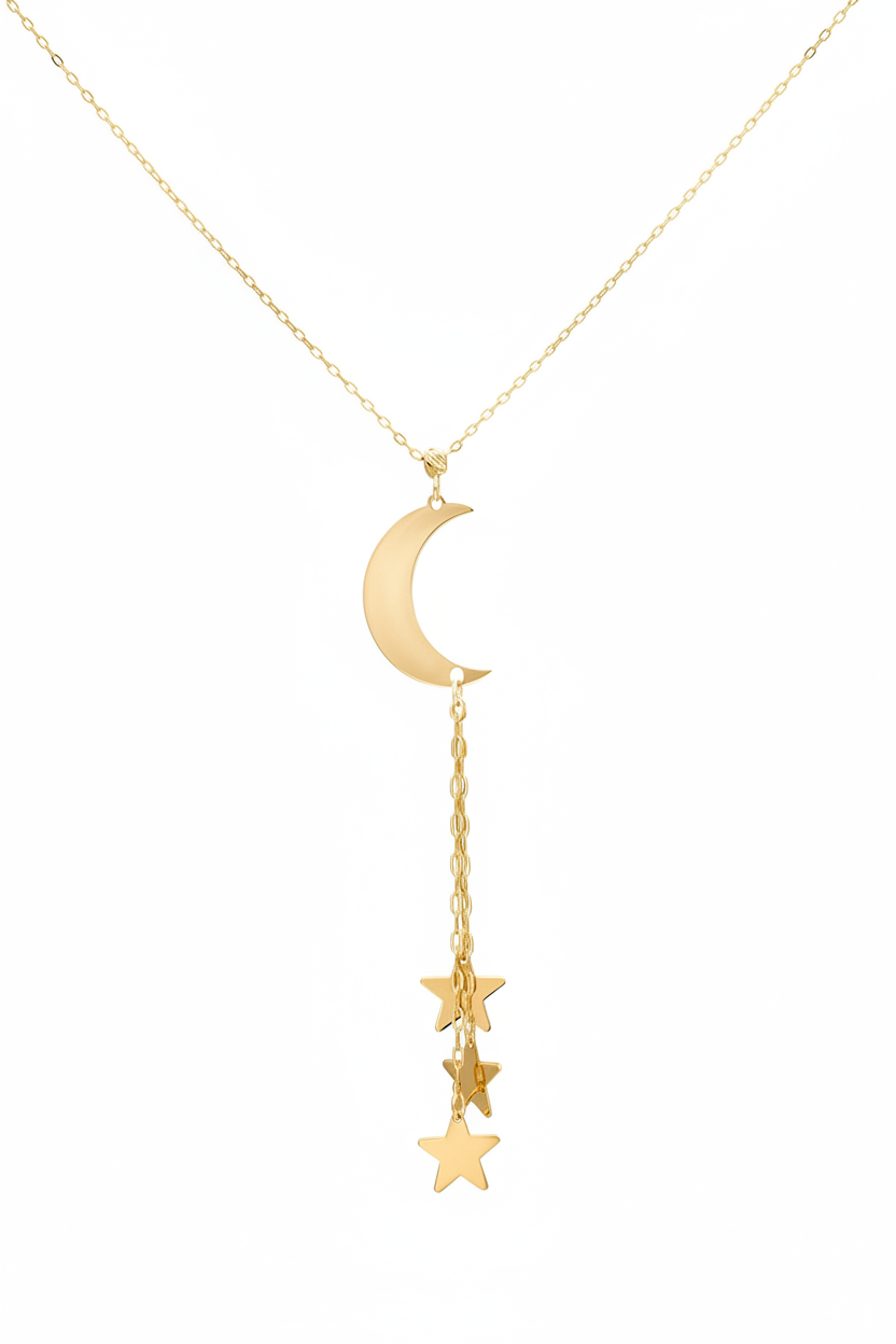 14K Solid Yellow Gold Dainty Star and Moon Crescent Necklace