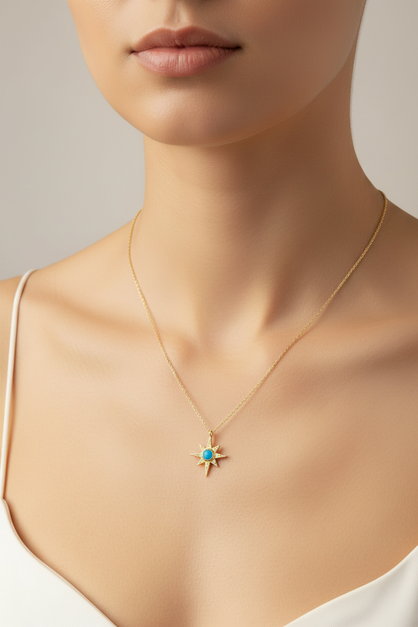14K Solid Yellow Gold Turquoise Morning Star Necklace