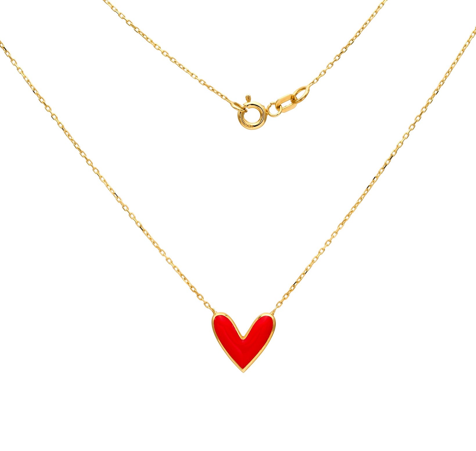 14K Yellow Gold Red Enamel Heart Necklace