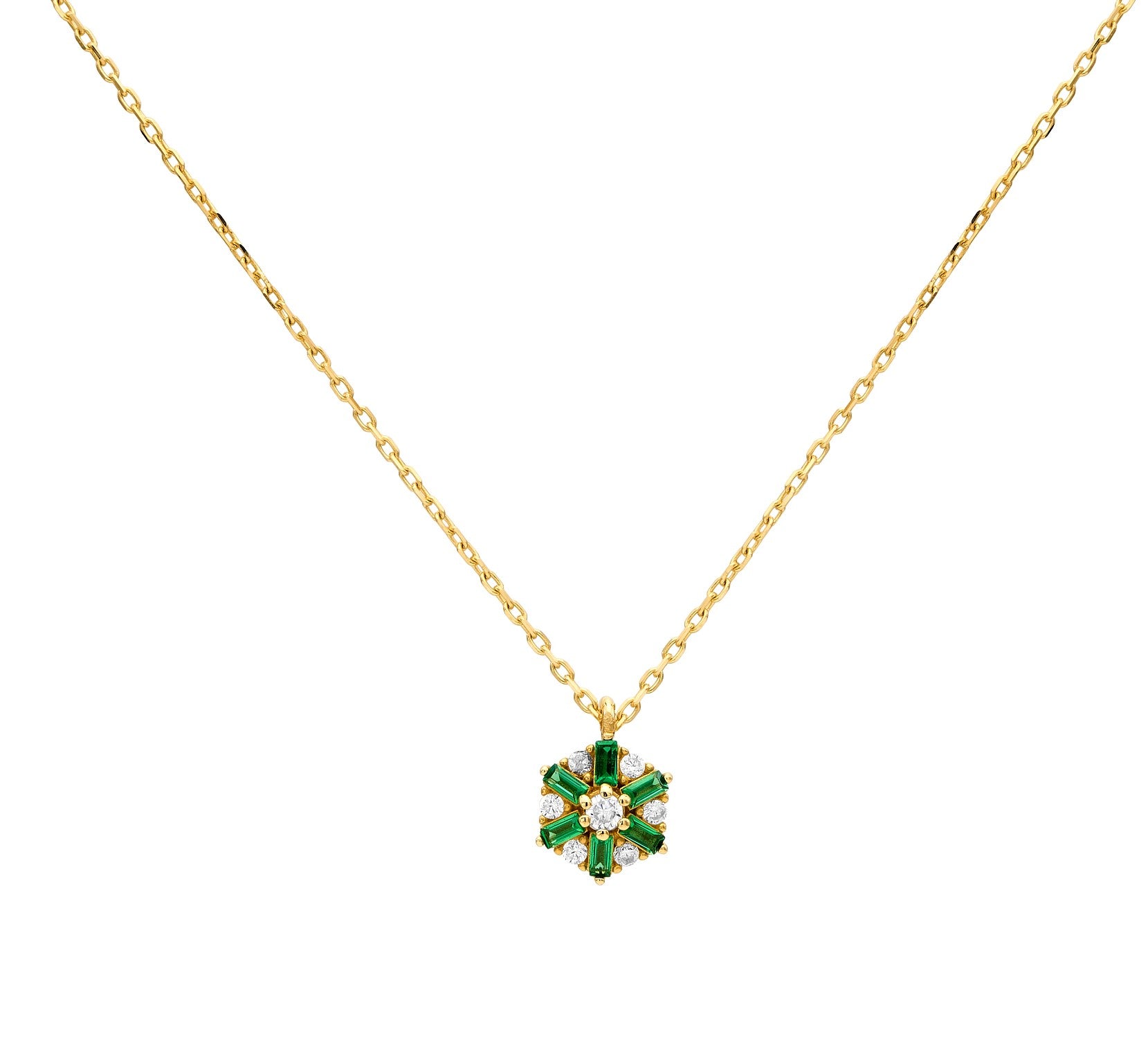 14K Yellow Gold Baguette Emerald Solitaire Necklace