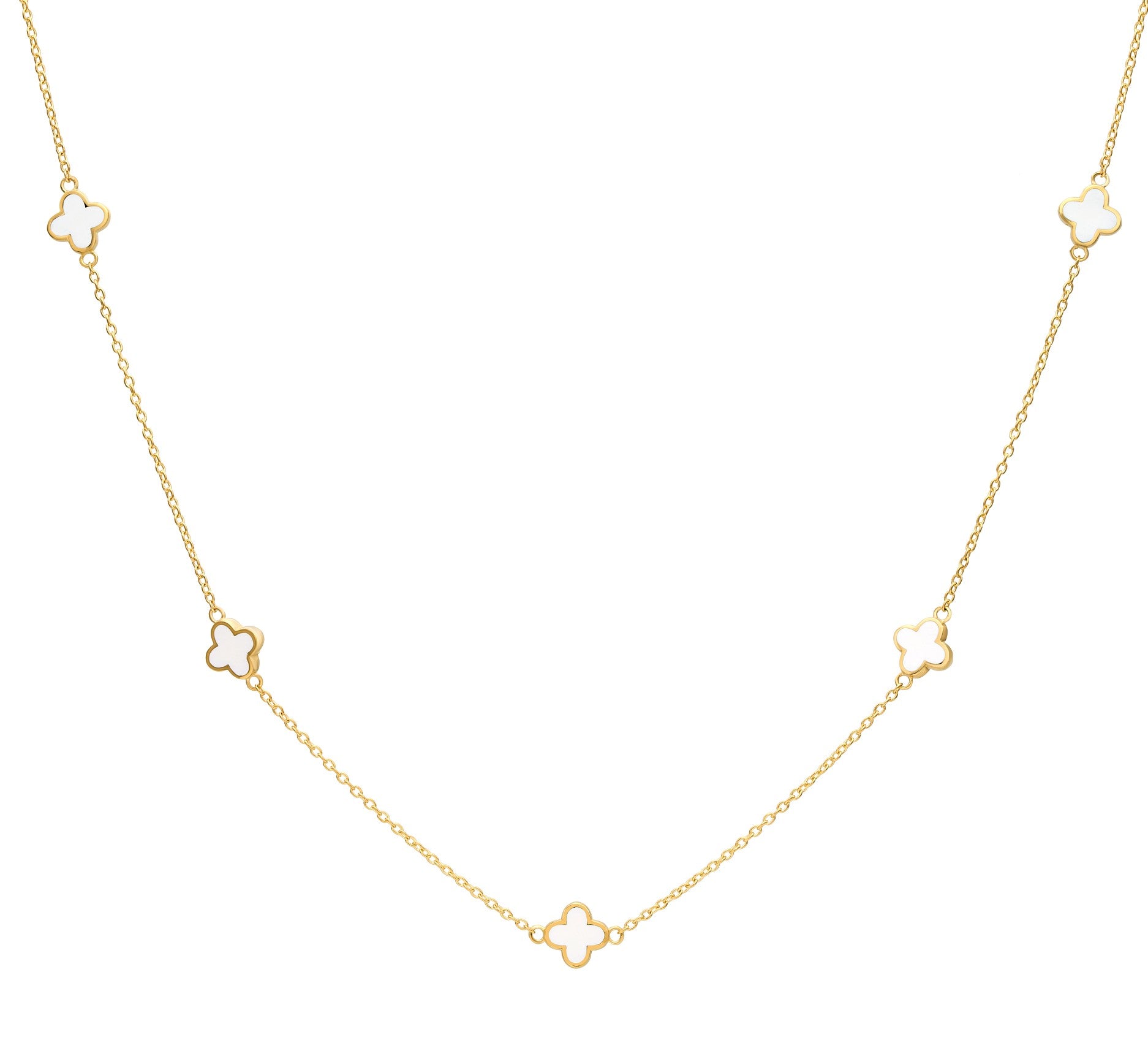 14K Solid Yellow Gold Enamel Four Leaf Clover Necklace