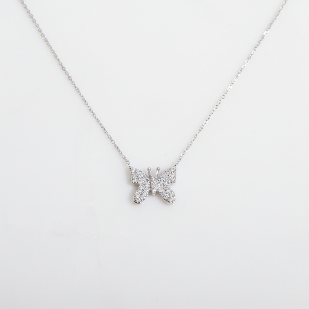 Collier papillon diamant en or blanc massif 14 carats