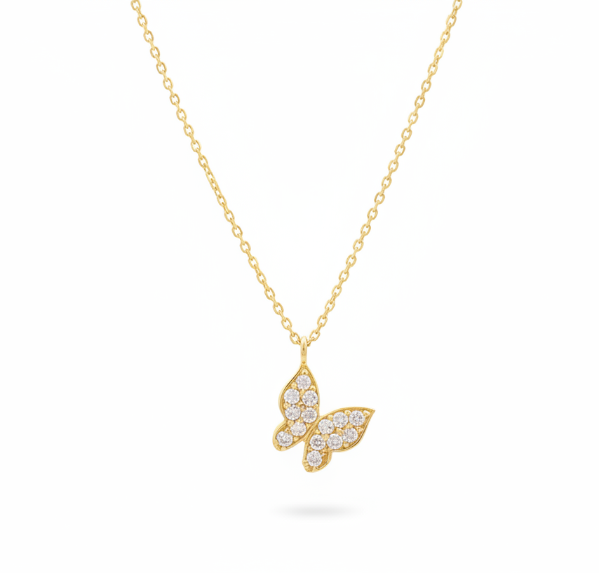 14K Solid Yellow Gold Diamond CZ Butterfly Necklace