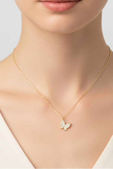 Collier papillon en or jaune massif 14 carats avec diamants CZ