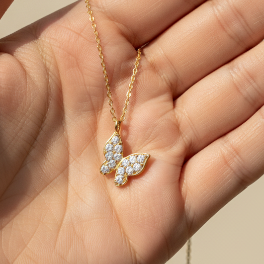 Collier papillon en or jaune massif 14 carats avec diamants CZ