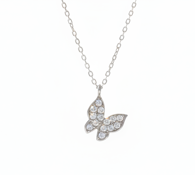 14K Solid White Gold Minimalist Butterfly Necklace