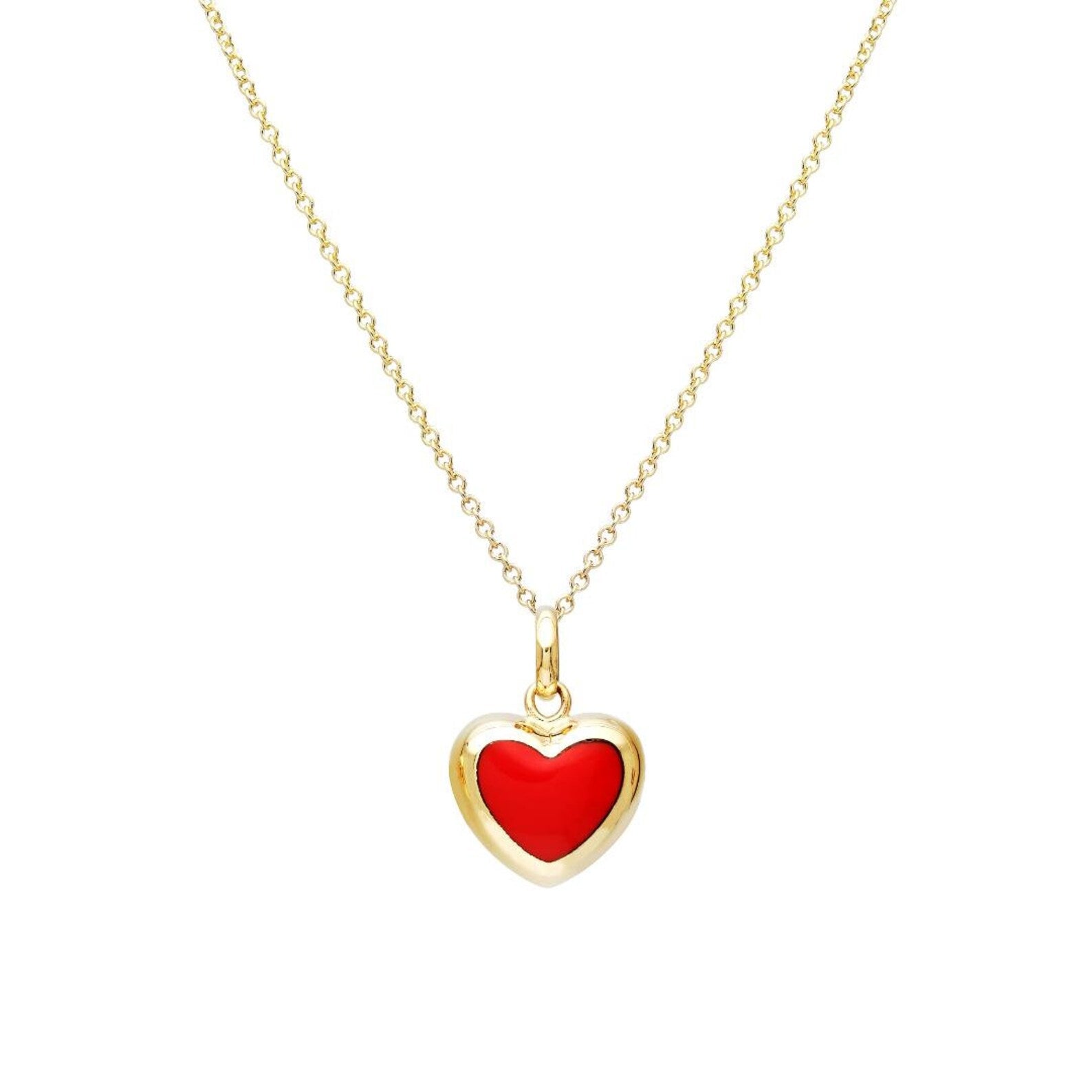 14K Yellow Gold Red Coral Puffed Heart Pendant or Necklace