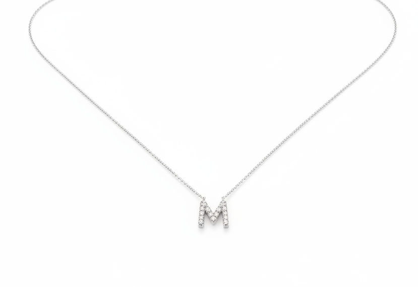 14K White Gold Diamond Initial Necklace, Letter M Necklace