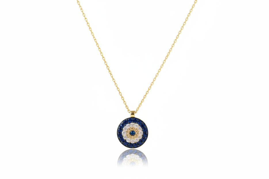 14K Solid Yellow Minimalist Round Evil Eye Necklace
