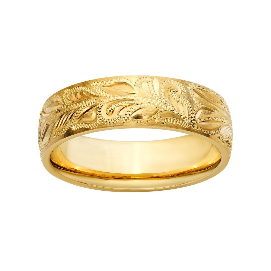 Hand engraved 6mm solid yellow gold men's wedding band with shiny leaf motifs, comfort fitted design, made in New York.