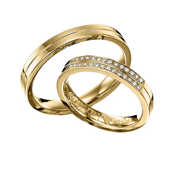 His and hers diamond eternity wedding bands in solid yellow gold, featuring elegant design and brilliant round cut diamonds.