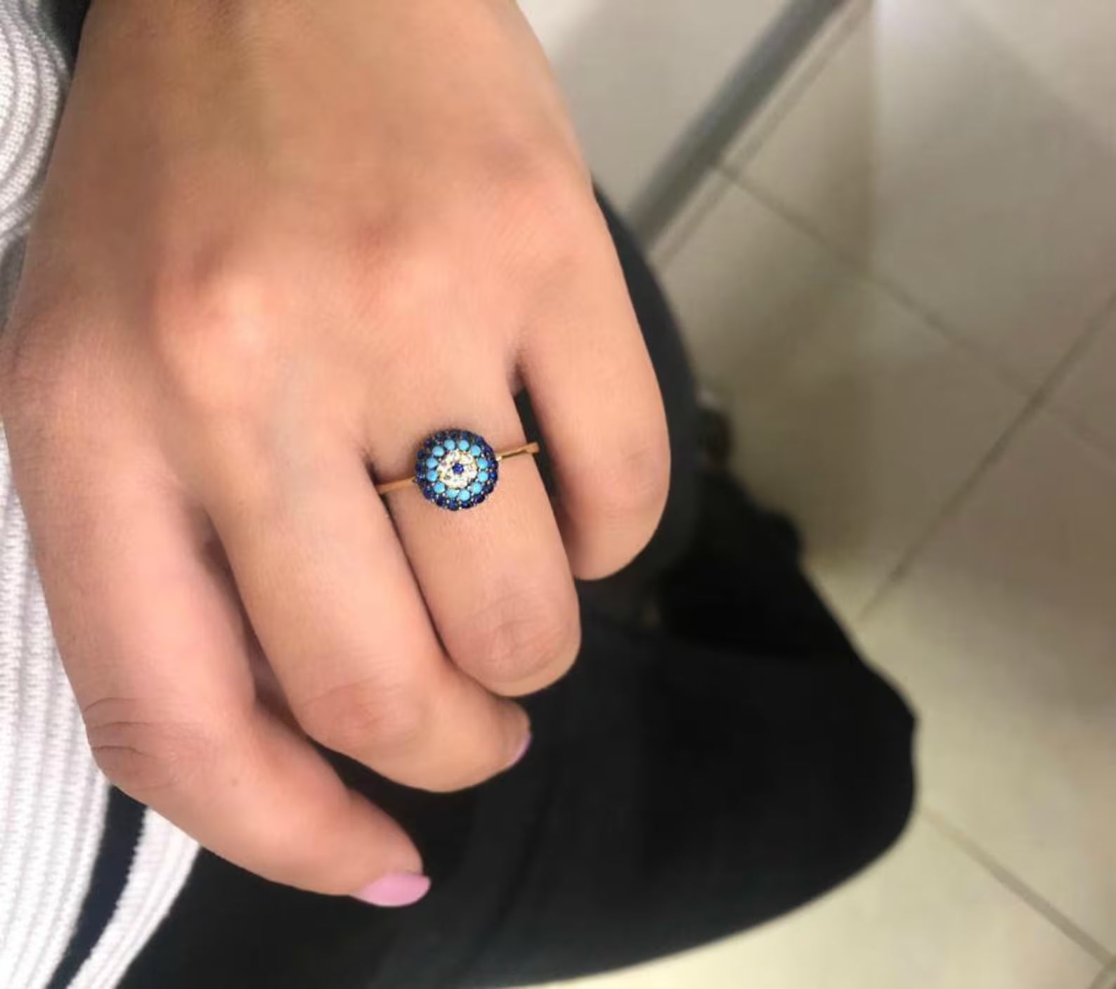 Bague mauvais œil turquoise en or jaune massif 14 carats