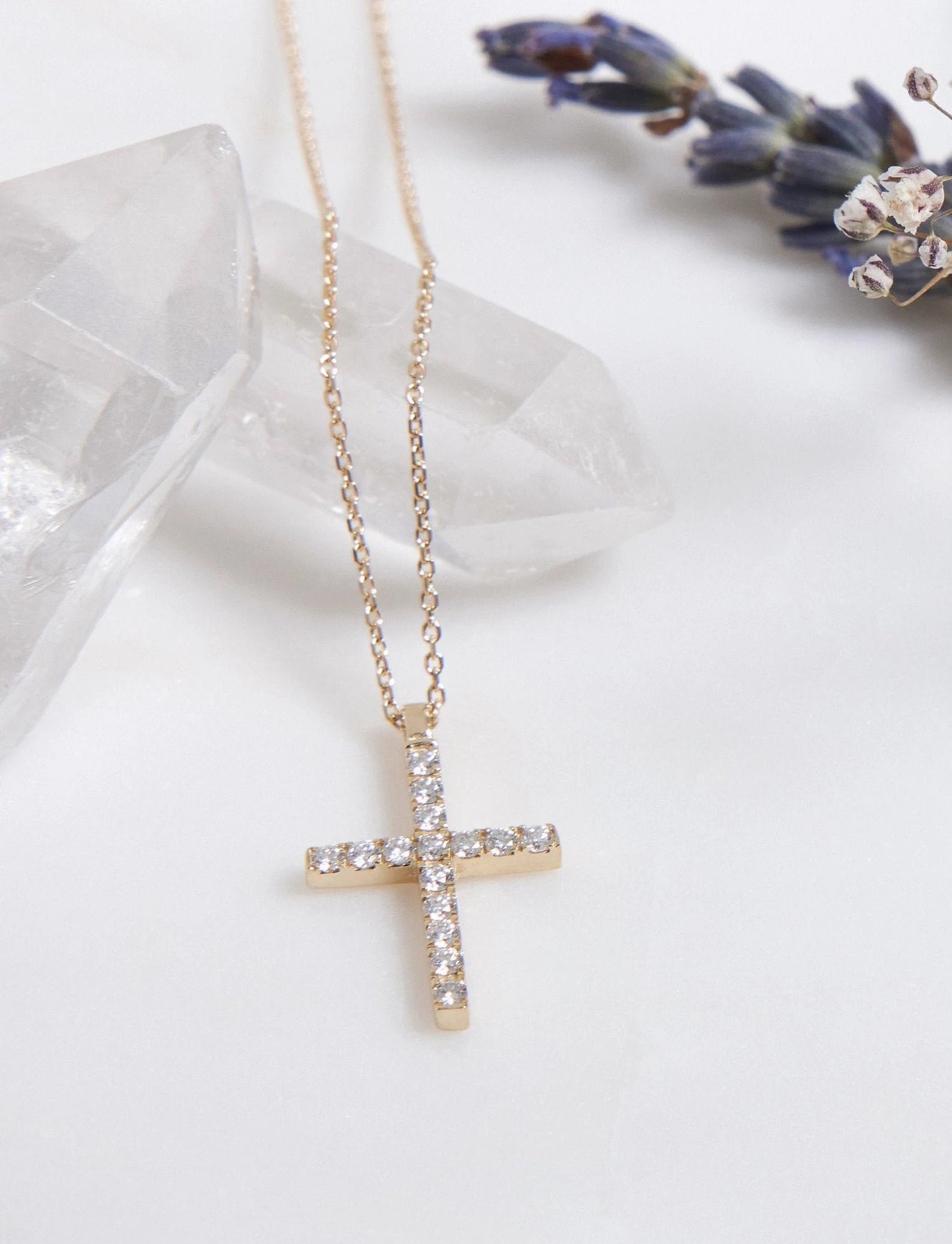 14K Solid Yellow Gold Diamond Cross Necklace