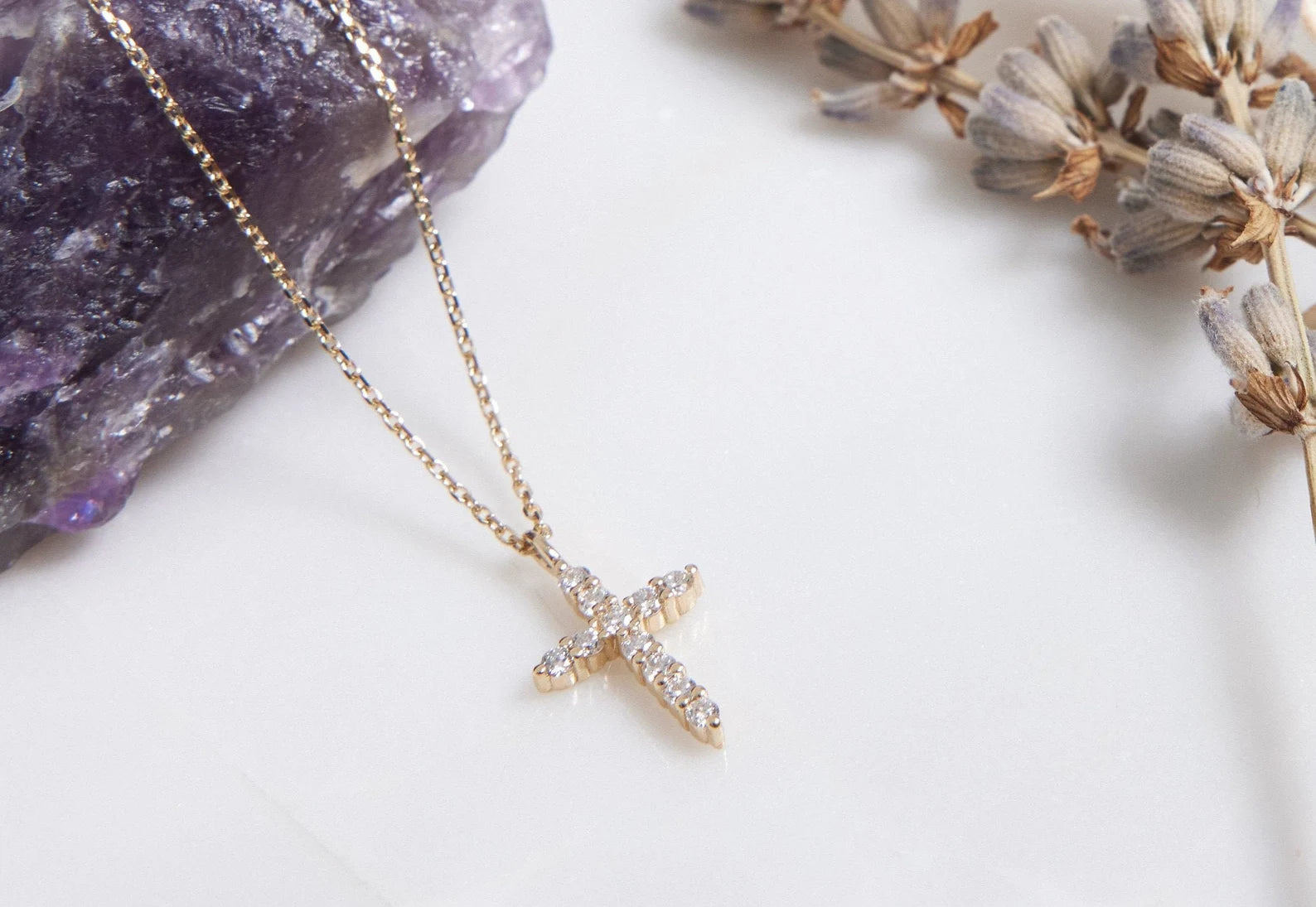 14K Solid Yellow Gold Diamond Cross Necklace