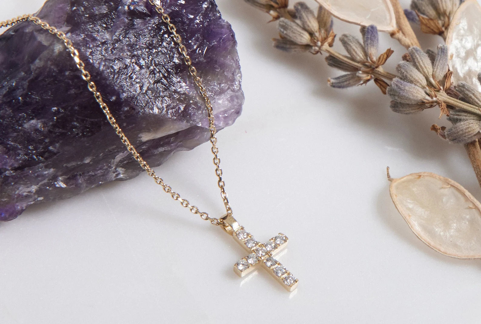 14K Solid Yellow Gold Minimalist Diamond Cross Necklace