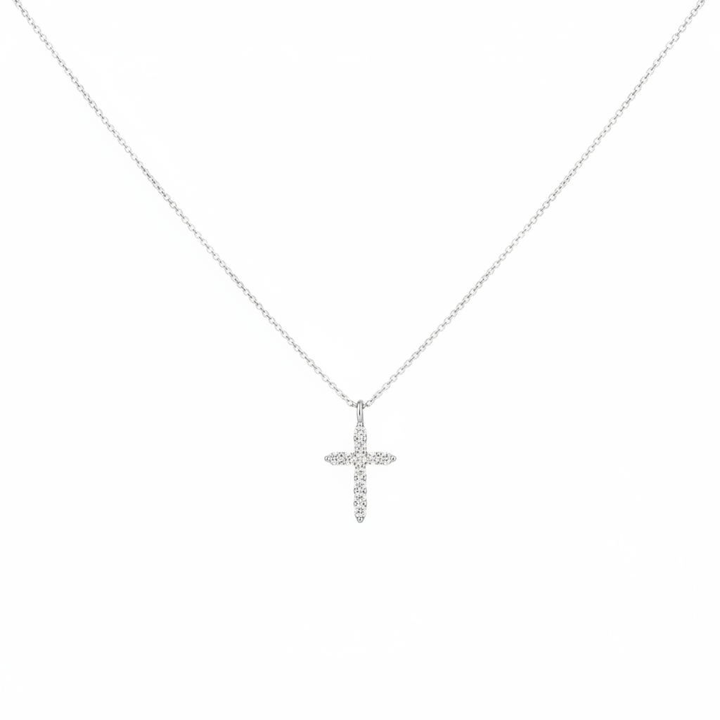 Collar con cruz de diamantes en oro blanco macizo de 14 quilates