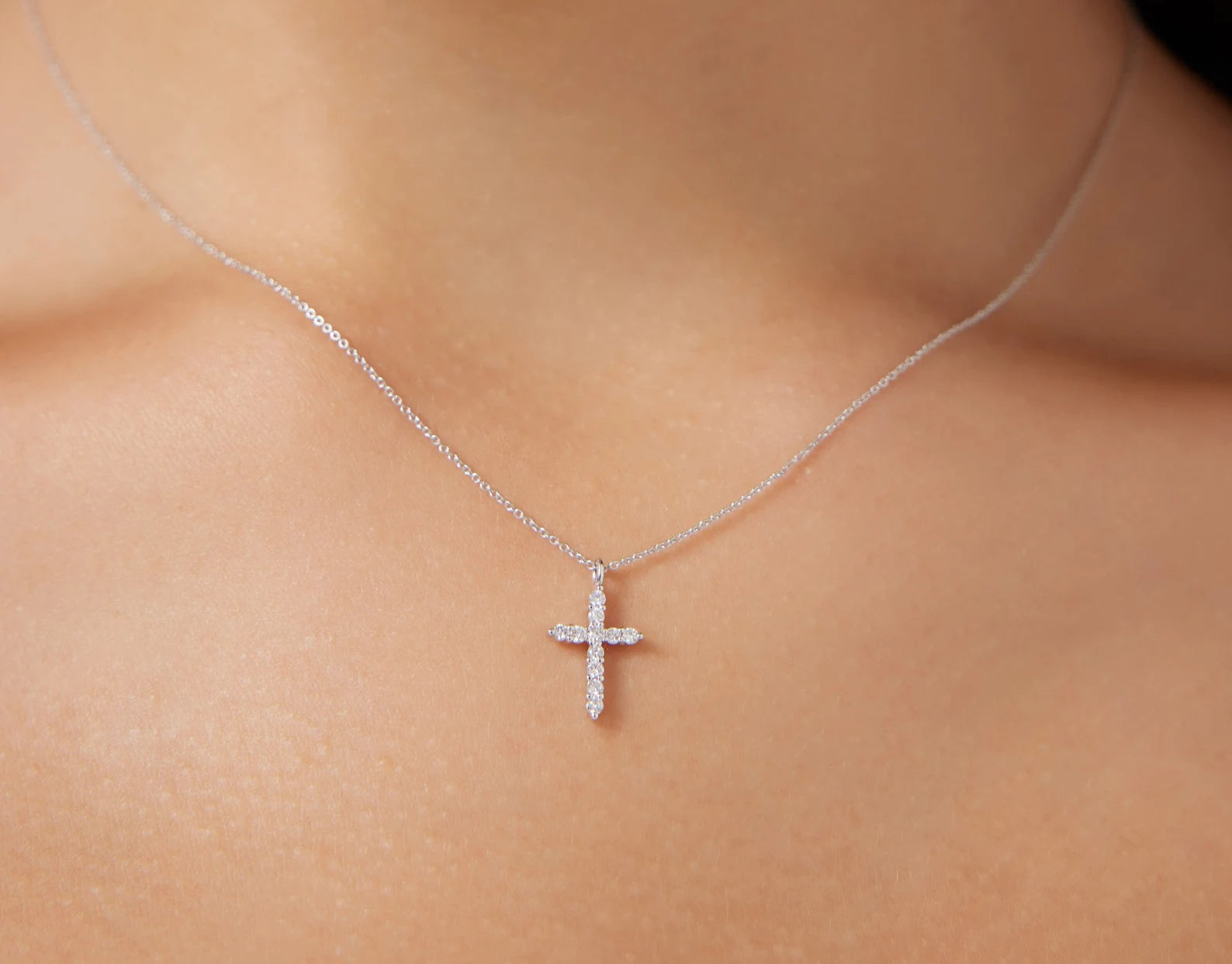 14K Solid White Gold Diamond Cross Necklace