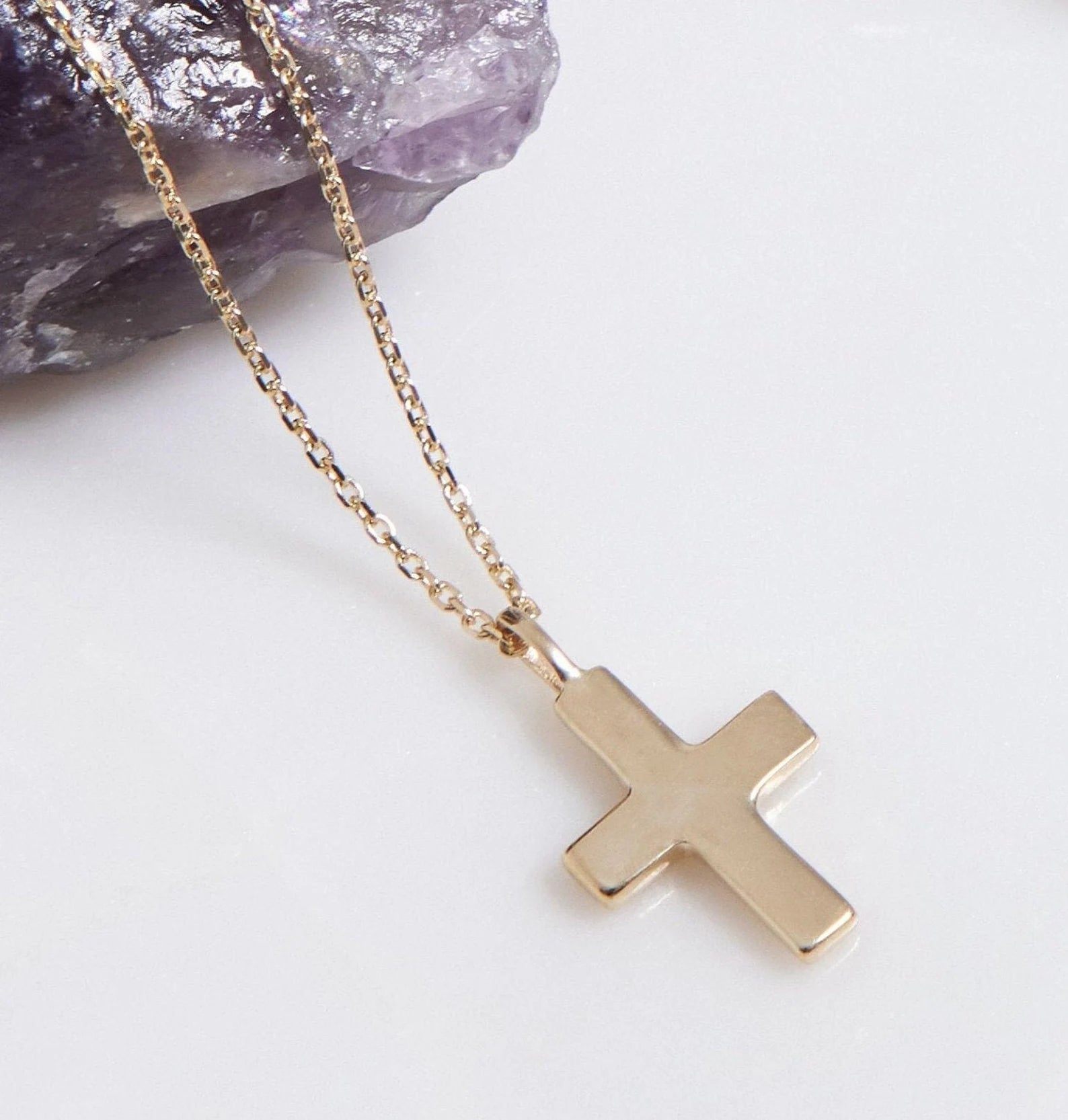 14K Solid Yellow Gold Dainty Cross Necklace