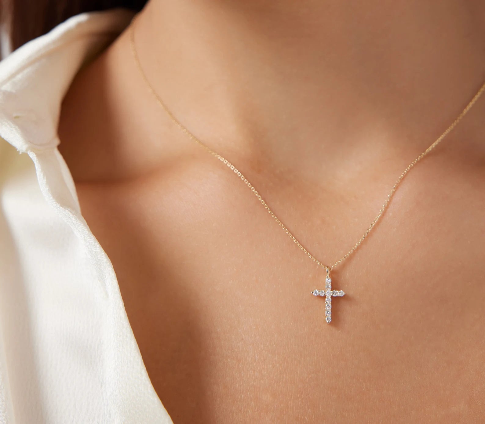 14K Solid Yellow Gold Diamond Cross Necklace
