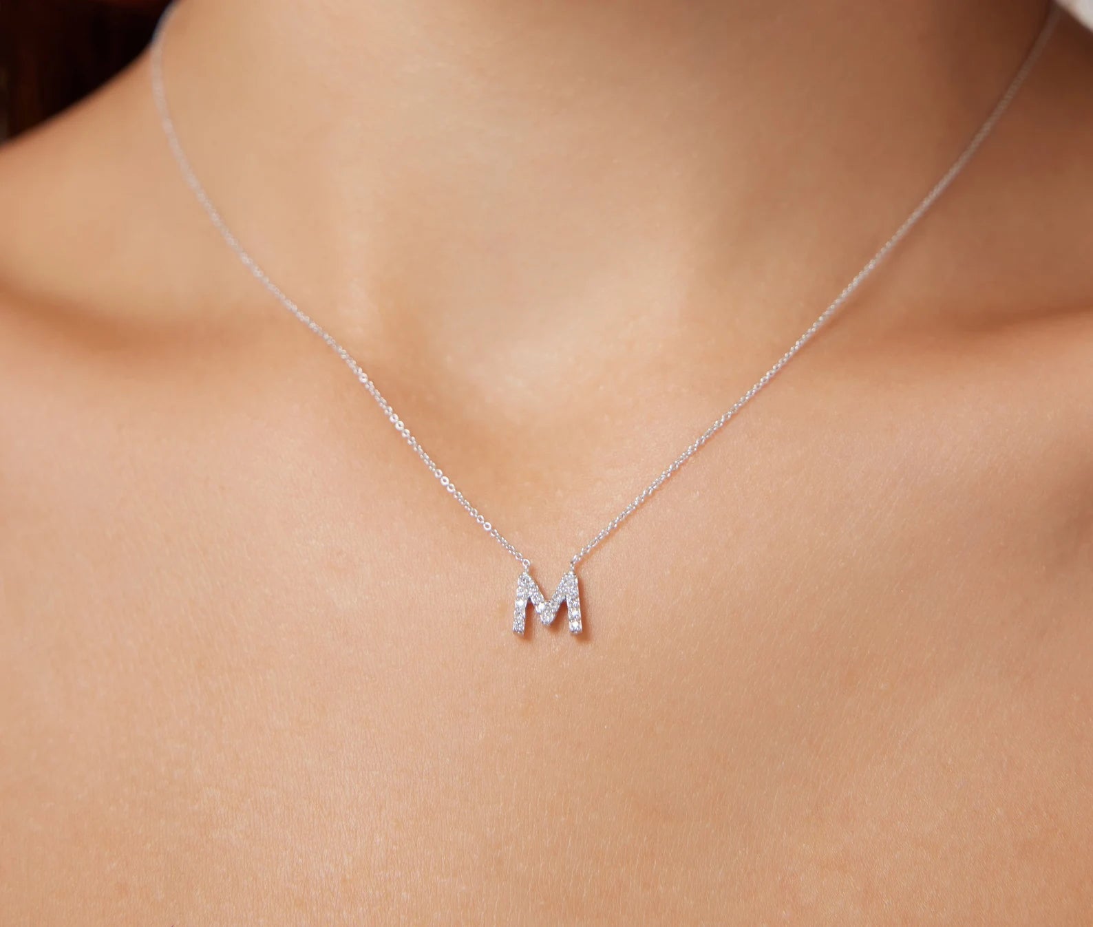 14K White Gold Diamond Initial Necklace, Letter M Necklace