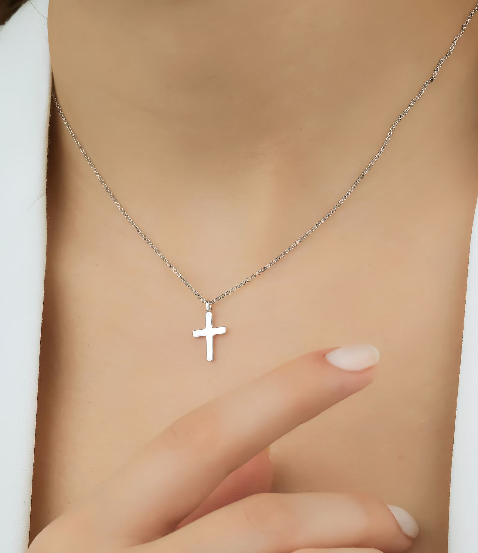 14K Solid White Gold Minimalist Cross Necklace