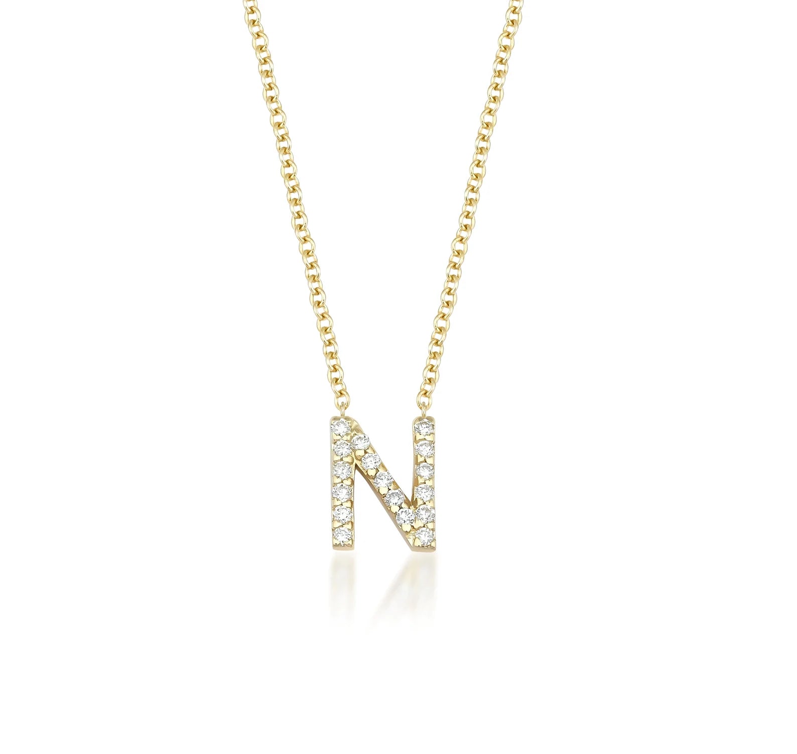 Collier initial en diamant, collier lettre N en or jaune 14 carats