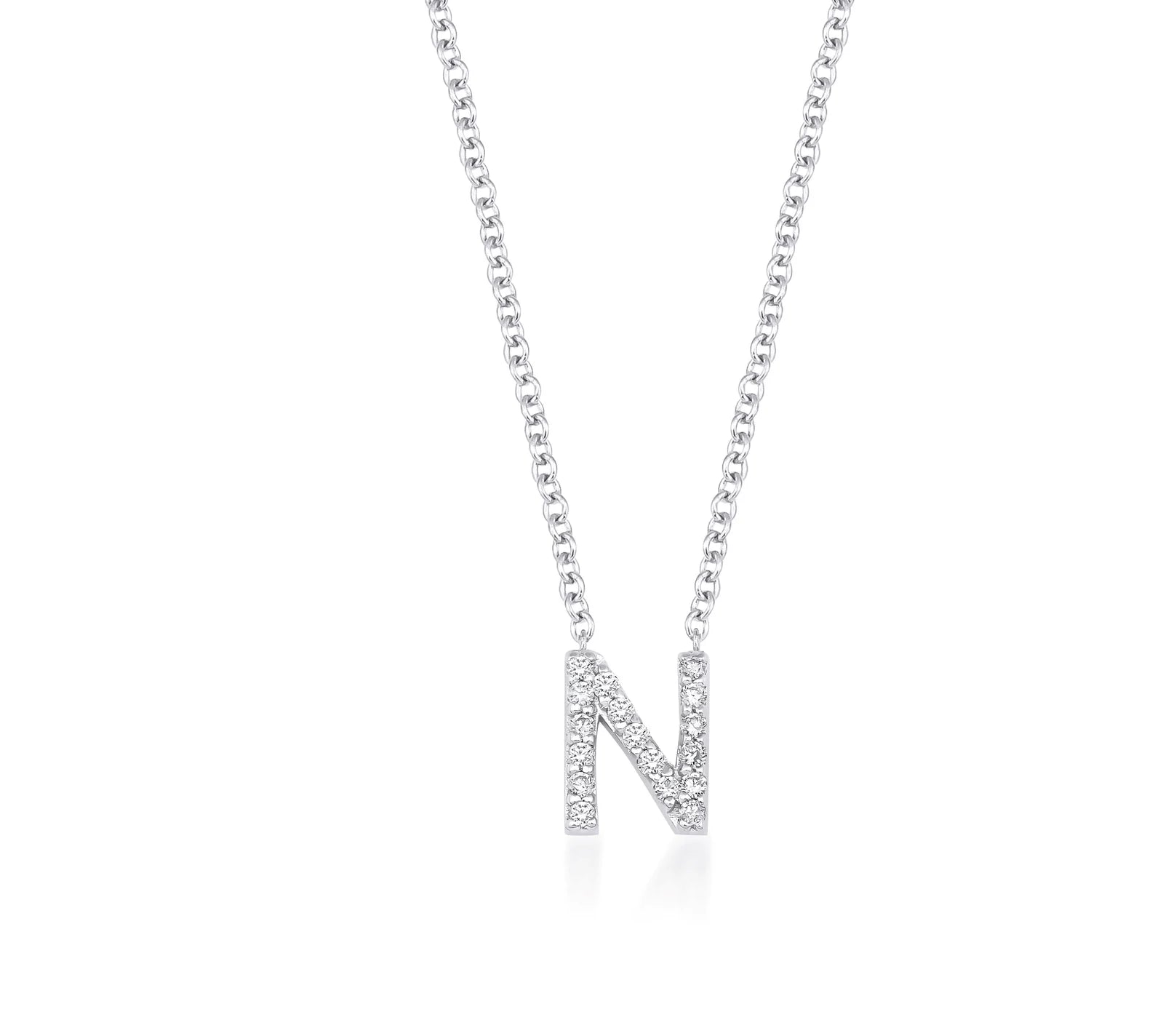 Collier de lettres en diamant, collier lettre N en or blanc 14 carats