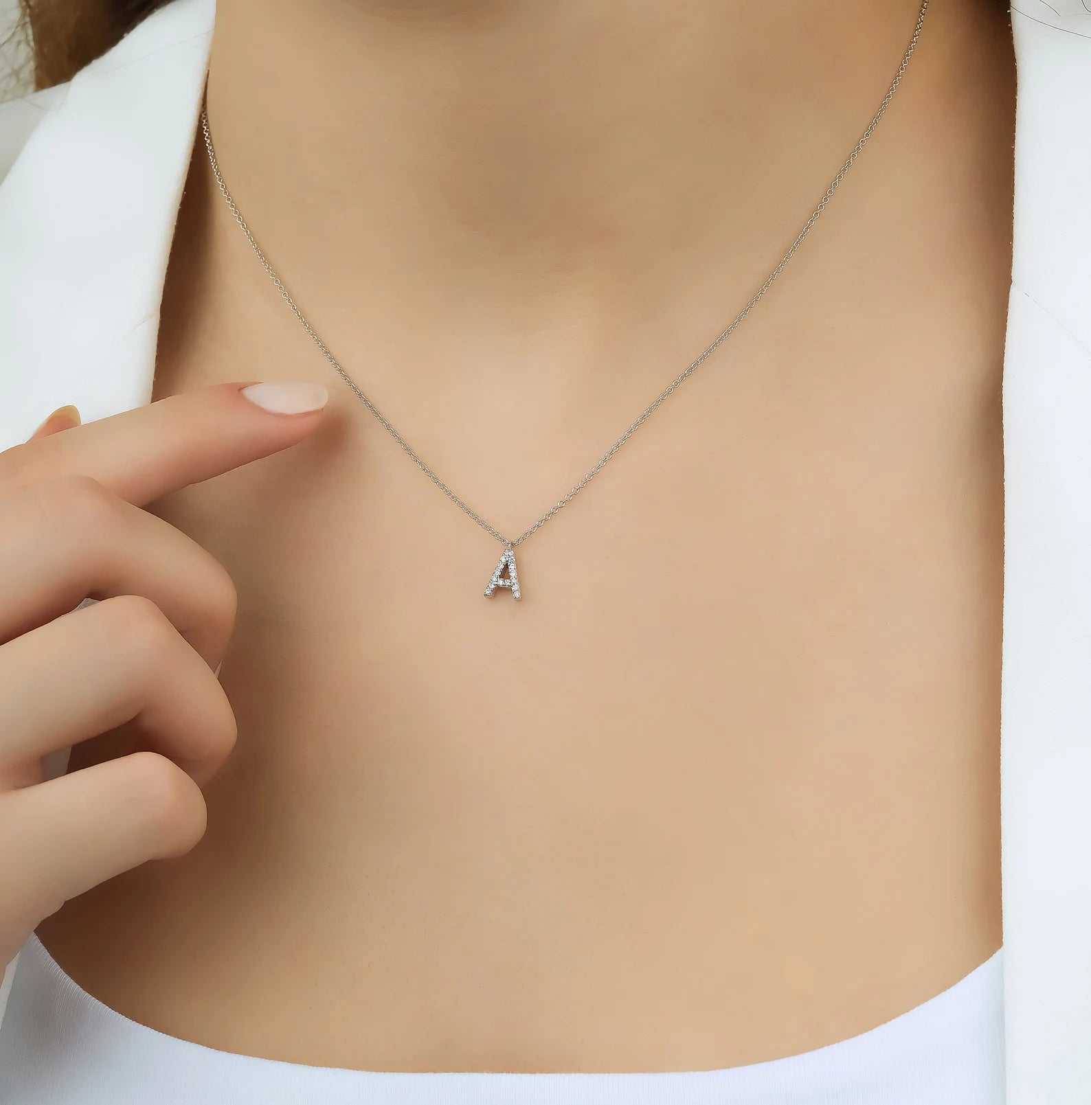 Diamond Initial Necklace, 14K White Gold Letter A Necklace
