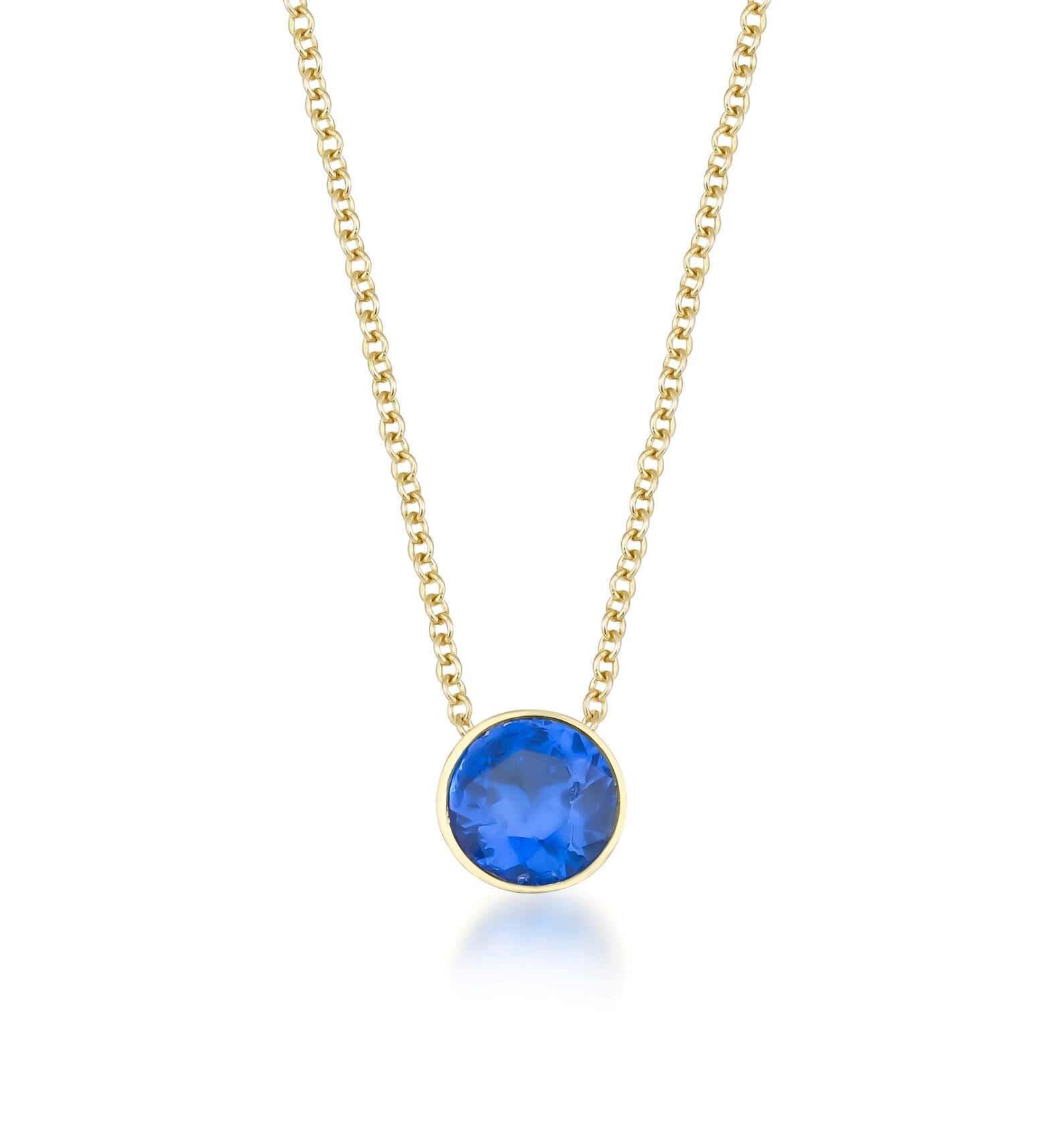 Collier saphir solitaire serti d'une lunette en or jaune 14 carats de 6 mm