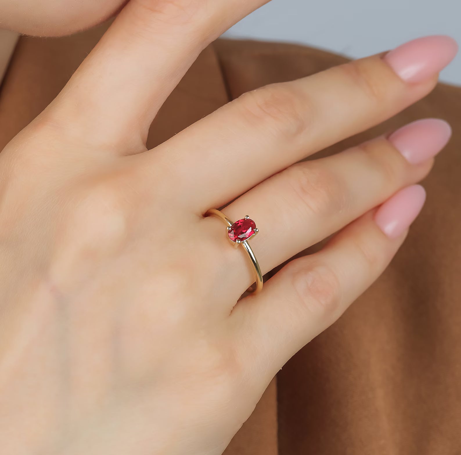 14K Solid Yellow Gold Oval Ruby Ring